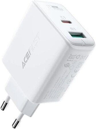 ACEFAST Duvar Şarj Kafa USB ve Type-C Çıkış Telefon ve Tablet USB-A 12W Çıkış PD32W (1xUSB-C+1xUSB-A) EU A5 Beyaz