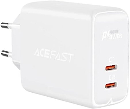 ACEFAST Duvar Hızlı Şarj Cihazı Dual Type-C Çıkışlı Tablet ve Telefon Şarj Aleti  USB -C Şarj Başlığı PD40W (2xUSB-C) EU Beyaz  A9