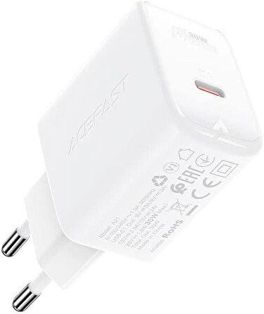 ACEFAST Duvar Şarj Aleti PD30W Type-C Çıkışlı Cep Telefonu Tablet Şarj Başlığı USB C Çıkışlı Hızlı Şarj GaN (1xUSB-C) EU A21 Beyaz