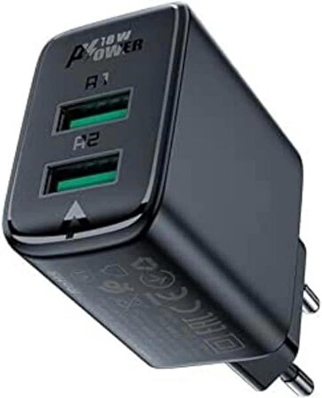 ACEFAST Duvar Telefon ve Tablet Hızlı Şarj Başlık Çift USB-A Çıkışlı 18W  Dual USB-A QC18W (2xUSB-A) EU A33 Siyah 