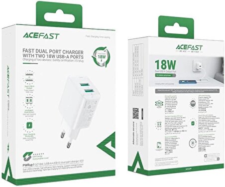 ACEFAST Duvar Telefon ve Tablet Hızlı Şarj Başlık Çift USB-A Çıkışlı 18W  Dual USB-A QC18W (2xUSB-A) EU A33 Beyaz 