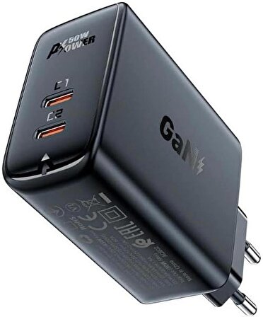 ACEFAST Duvar Tipi Şarj Cihazı PD50W Dual USB-C 45W Çıkış Hızlı Şarj Başlığı GaN Type-C Çıkışlı Şarj Kafa (2xUSB-C) EU A29 Siyah