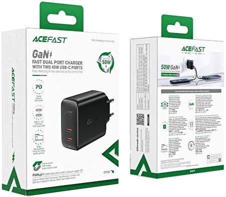 ACEFAST Duvar Tipi Şarj Cihazı PD50W Dual USB-C 45W Çıkış Hızlı Şarj Başlığı GaN Type-C Çıkışlı Şarj Kafa (2xUSB-C) EU A29 Siyah