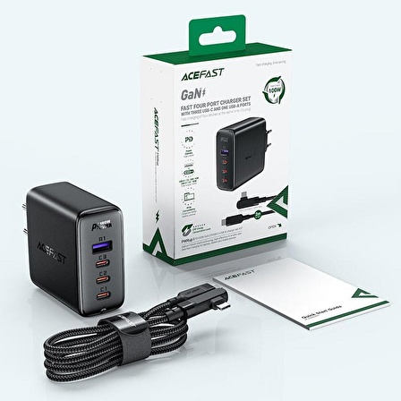 Acefast Duvar Şarj Cihazı PD100W Type-C Şarj Kablolu Hızlı Şarj GaN Cep Telefonu Tablet Şarj Kafa ve Kablo Set Siyah Renk (3xUSB-C + USB-A) EU A37