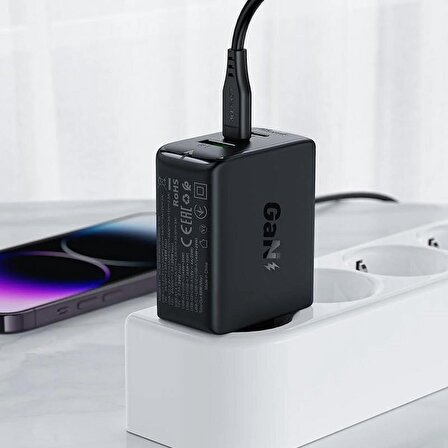 ACEFAST Duvar Hızlı Şarj Başlığı Type-C ve USB Çıkış PD65W Telefon ve Tablet GaN (2xUSB-C + USB-A) EU A41 Siyah