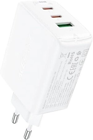 ACEFAST Duvar Hızlı Şarj Başlığı Type-C ve USB Çıkış PD65W Telefon ve Tablet GaN (2xUSB-C + USB-A) EU A41 Beyaz