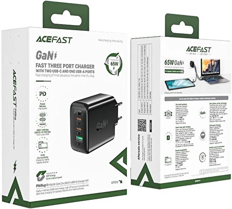 ACEFAST Duvar Hızlı Şarj Başlığı Type-C ve USB Çıkış PD65W Telefon ve Tablet GaN (2xUSB-C + USB-A) EU A41 Beyaz