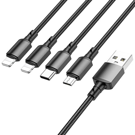 BOROFONE 4in1 Usb Kablo Lightning + Micro + Type-c 4'ü 1 arada Lightning/Micro-USB/USB-C için Şarj Kablosu 1metre 2A Akım BX72 (2x Lightning+Type-C+Micro Uçlu Kablo)