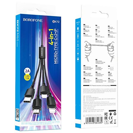 BOROFONE 4in1 Usb Kablo Lightning + Micro + Type-c 4'ü 1 arada Lightning/Micro-USB/USB-C için Şarj Kablosu 1metre 2A Akım BX72 (2x Lightning+Type-C+Micro Uçlu Kablo)