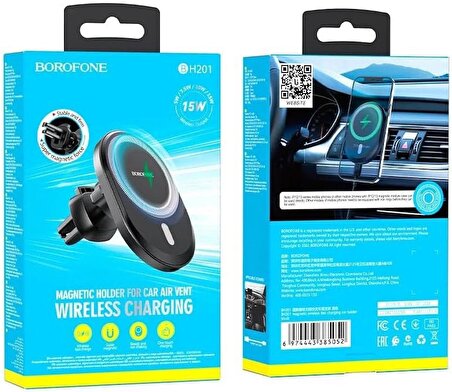 Borofone Manyetik Wireless Araç İçi Telefon Tutucu ve Şarj iphone 12-13 - 14-15 İle Uyumlu Telefon Şarj Havalandırma Montaj Kolay Kurulum BH201
