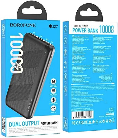 Borofone 10000 Powerbank Taşınabilir Güç Bankası Şarj Cihazı Led Şarj Kapasite Göstergeli iPhone Uyumlu Samsung Uyumlu 14cm x 7cm BJ27 Siyah