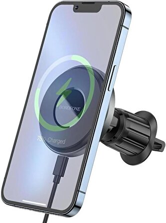 Borofone Manyetik Wireless Araç İçi Telefon Tutucu ve Şarj 15W Telefon Şarj Havalandırma Montaj Kolay Kurulum iPhone 12-13 - 14-15 İle Uyumlu BH202