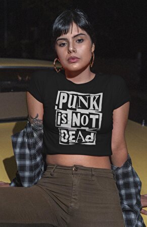 Punk is Not Dead Yazılı Crop Top, Kadın Rock-Metal Baskılı Crop Bluz