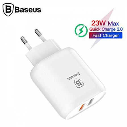 Baseus 2 USB Çıkışlı 23W Şarj Adaptörü, Qualcomm Hızlı Şarj Destekli Şarj Başlığı