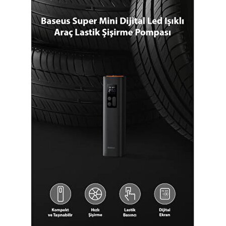 Baseus Ultra Hızlı Mini Led Işıklı Araç Lastik Şişirme Pompası kompresörü Tekerlek Hava Makinası