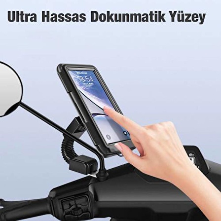 Polham Motosiklet, Scooter İçin Aynaya Takılan Su Geçirmez Telefon Tutucu, Dokunmatik Kapaklı Tutucu