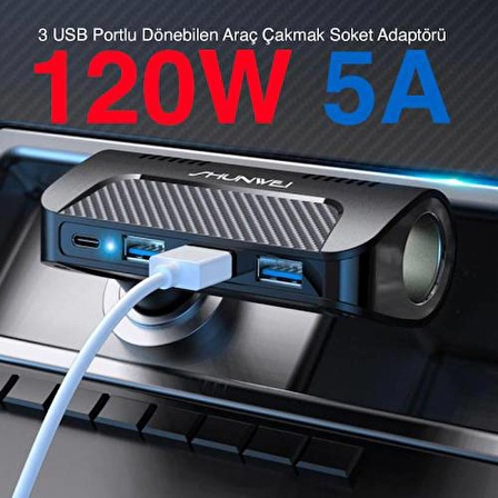 Polham Araç İçi 120W Çakmaklık şarjı, 3x USB, 1x PD Type C ve Çakmaklık Soket Girişli Şarj Aleti