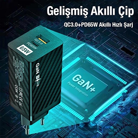 Polham GaN 65W Ultra Hızlı Telefon ve Tablet Şarj Adaptörü, 1 PD Type 65W, 1 USB 3.0 Girişli Başlık