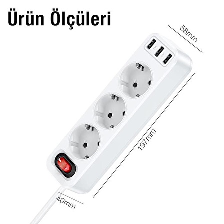 Polham 1.8 Metre 4000W Akım Korumalı 3 Priz, 3 USB Girişli Priz, 3lü Uzatma Kablosu Priz,Ultra Hızlı