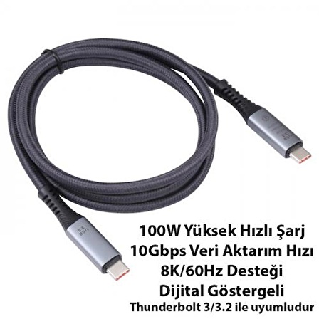 Polham 1MT 100W Thunderbolt Digital Göstergeli Type-C to Type-C Şarj,Data ve 8K 60Hz Görüntü Kablosu