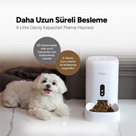Ttec Uygulama Kontrollü Mikrofonlu 4Lt Otomatik Akıllı Kedi Köpek Besleyici, Kolay Temizlenen Besleyici