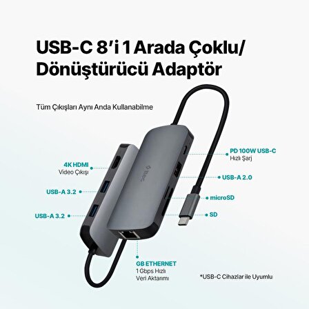Ttec 8in1 100W Type C Çoğaltıcı Hub, 3x USB, 1x PD Type C, 1x TF/SD, 1x 4K HDMİ, 1x RJ45 Çevirici Adaptör