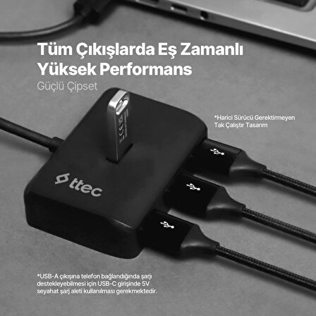 Ttec 4in1 Type C to 4x USB 3.2 Gen1 Çoğaltıcı Çevirici HUB, 5Gbps Yüksek Hızlı Veri Aktarımlı Adaptör