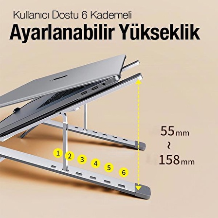 Polham Ultra İnce 6 Kademeli Yükseklik ve Açı Ayarlı Kaydırmaz Pedli Notebook ve Tablet Standı