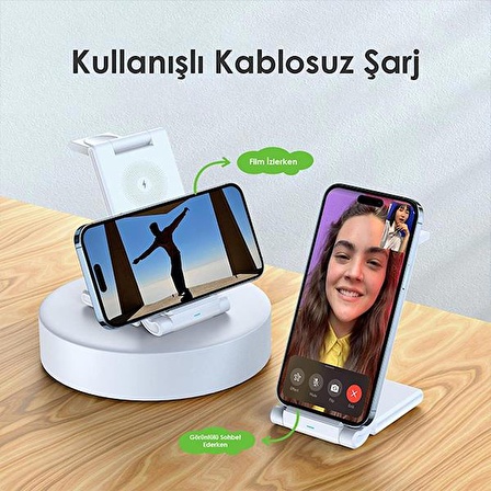 Polham 3in1 15W Katlanilir Telefon, Saat ve Kulaklık için Kablosuz Şarj Aleti, Çift Bobinli Şarj