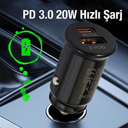 Polham 20W Ultra Hızlı 1x USB ve 1x Type C Girişli Araç Şarj Başlığı, 12/24V Tüm Girişlere Uyumlu, Isı ve Akım Korumalı Şarj Başlığı