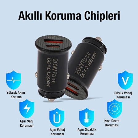 Polham 20W Ultra Hızlı 1x USB ve 1x Type C Girişli Araç Şarj Başlığı, 12/24V Tüm Girişlere Uyumlu, Isı ve Akım Korumalı Şarj Başlığı