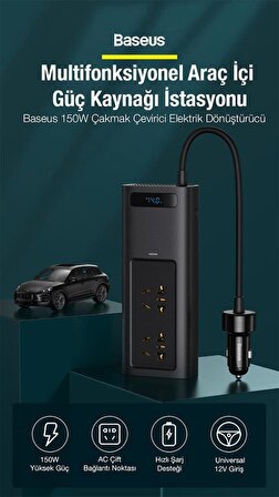 Baseus 5in1 150W AC 220V Araç İçi Çakmaklık Girişli Priz ve Elektrik Çevirici İnverter, 2x AC, 2x Type C ve1x USB