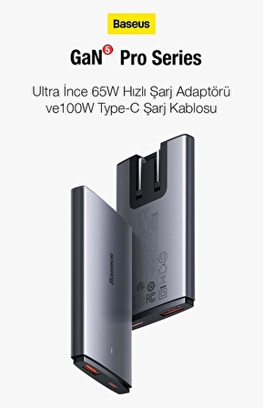 Baseus Pro Ultra İnce 65W Şarj Adaptörü ve 100W Type C Şarj Kablosu, Telefon, Tablet Notebook Şarj Aleti