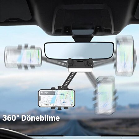 Polham Kilit Sistemli 360 Derece Dönebilen Araç İçi Dikiz Aynasına Takılan Telefon Tutucu, Yükseklik ve Açı Ayarlı