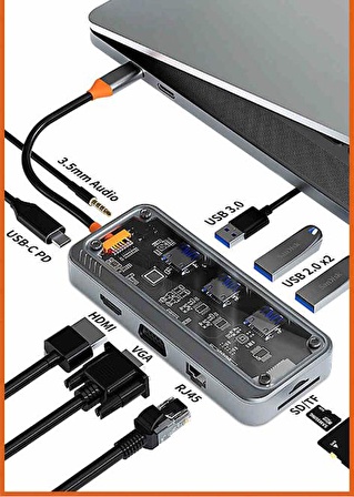 Polham 10in1 100 Type C Çoğaltıcı HUB, 1x Type C, 3x USB, 1x HDMİ, 1x RJ45, 1x SD/TF, 1x VGA, 1x 3.5MM Aux