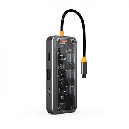 Polham 10in1 100W Type C Çoğaltıcı HUB, 1x Type C, 3x USB, 1x HDMİ, 1x RJ45, 1x SD/TF, 1x VGA, 1x 3.5MM Aux