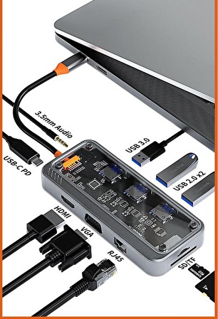 Polham 10in1 100W Type C Çoğaltıcı HUB, 1x Type C, 3x USB, 1x HDMİ, 1x RJ45, 1x SD/TF, 1x VGA, 1x 3.5MM Aux