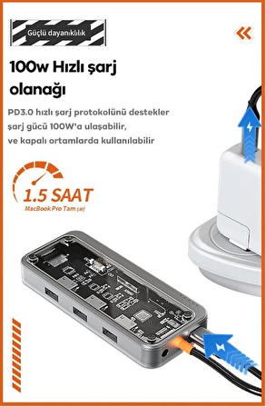 Polham 10in1 100W Type C Çoğaltıcı HUB, 1x Type C, 3x USB, 1x HDMİ, 1x RJ45, 1x SD/TF, 1x VGA, 1x 3.5MM Aux