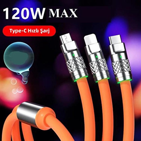 Polham 1 Metre 120W 6A Mega Hızlı 3in1 Type-C, Lightning ve Micro USB Kablo Şarj Kablosu, Led Işıklı Kablo