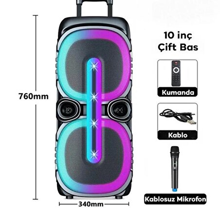Polham 400W Bavul Tipi Kablosuz Mikrofonlu Kumandalı Işıklı Karaoke Hoparlör, Taşınabilir Bluetooth Hoparlör