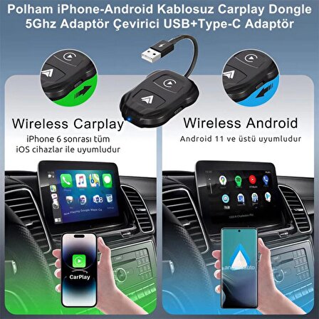 Polham Apple İphone ve Android İle Uyumlu Kablosuz Carplay Adaptör Çeviricisi, Ultra Hızlı Carplay Çevirici