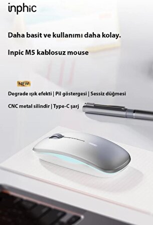 Polham 2.4G Şarj Edilebilir Süper Sessiz Ultra İnce Mouse, Şık Işıklı, Metal Silindirli Mouse