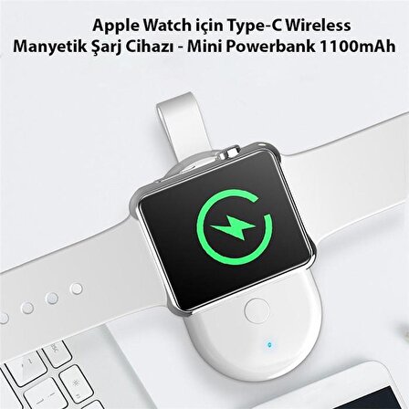 Polham 1100mAh Mini Powerbank, Apple Watch 4-5-6 İle Uyumlu Manyetik 1100mAh Taşınabilir Şarj Cihazı