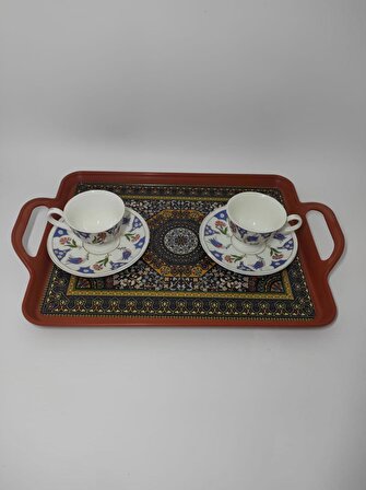 Modern Ethnic Desenli 39-26 cm Motif İşlemeli Servis Sunum Çay Tepsisi Karamel