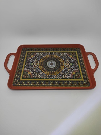 Modern Ethnic Desenli 39-26 cm Motif İşlemeli Servis Sunum Çay Tepsisi Karamel