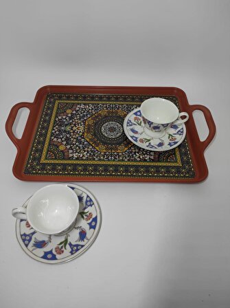 Modern Ethnic Desenli 39-26 cm Motif İşlemeli Servis Sunum Çay Tepsisi Karamel