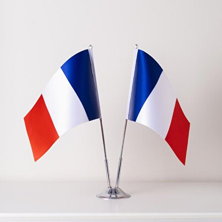 Fransa 2li Masa Bayrağı Saten Kumaş Dijital Baskı 15x22,5 cm