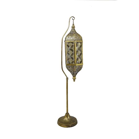 Ayaklı Sarı Eskitme Metal Osmanlı Otantik Lambader Mumluk, 108,5 cm