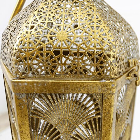 Ayaklı Sarı Eskitme Metal Osmanlı Otantik Lambader Mumluk, 108,5 cm