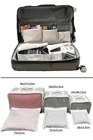 6'lı Valiz Bavul Düzenleyici Seyahat Çantası Organizer Hurç Set Fermuarlı Gri Çizgi Fileli